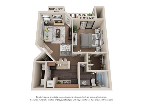 Floor plan for 1 bed, 1 bath, 610 sqft